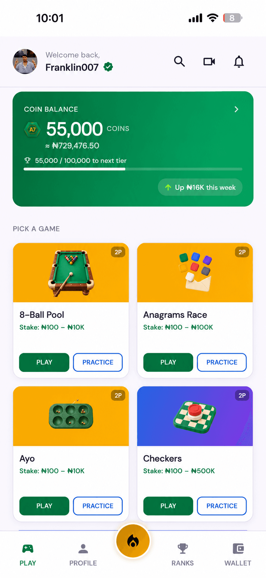 Arena7Games lobby — 55,000 coin balance, tier progress, and tiles for 8-Ball Pool, Anagrams Race, Ayo, and Checkers
