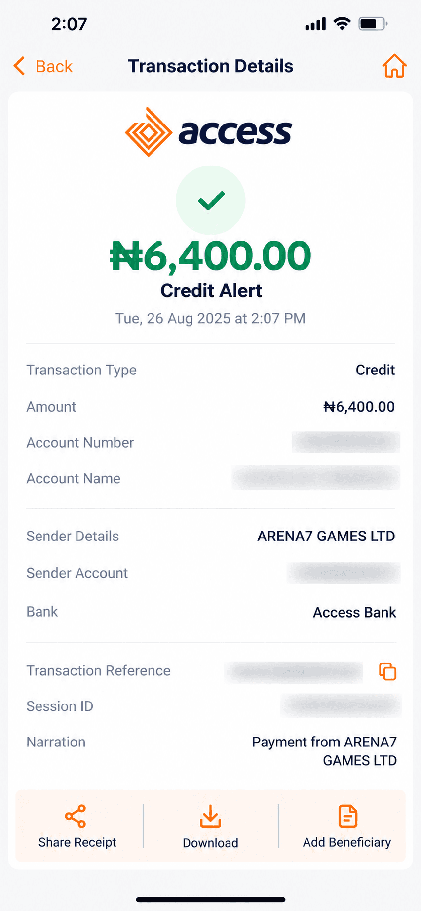 Access credit alert for ₦6,400 from Arena7Games on Aug 26, 2025