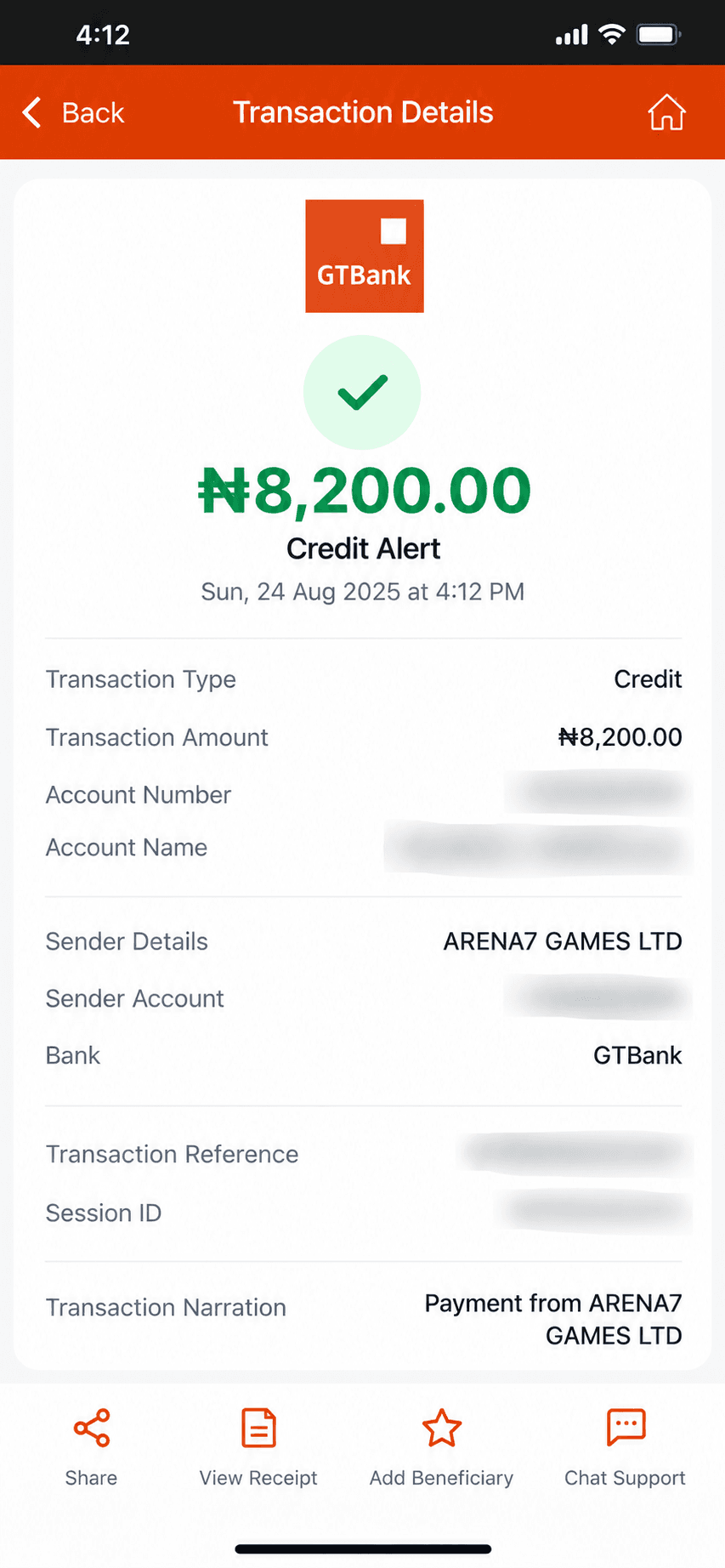 GTBank credit alert for ₦8,200 from Arena7Games on Aug 24, 2025