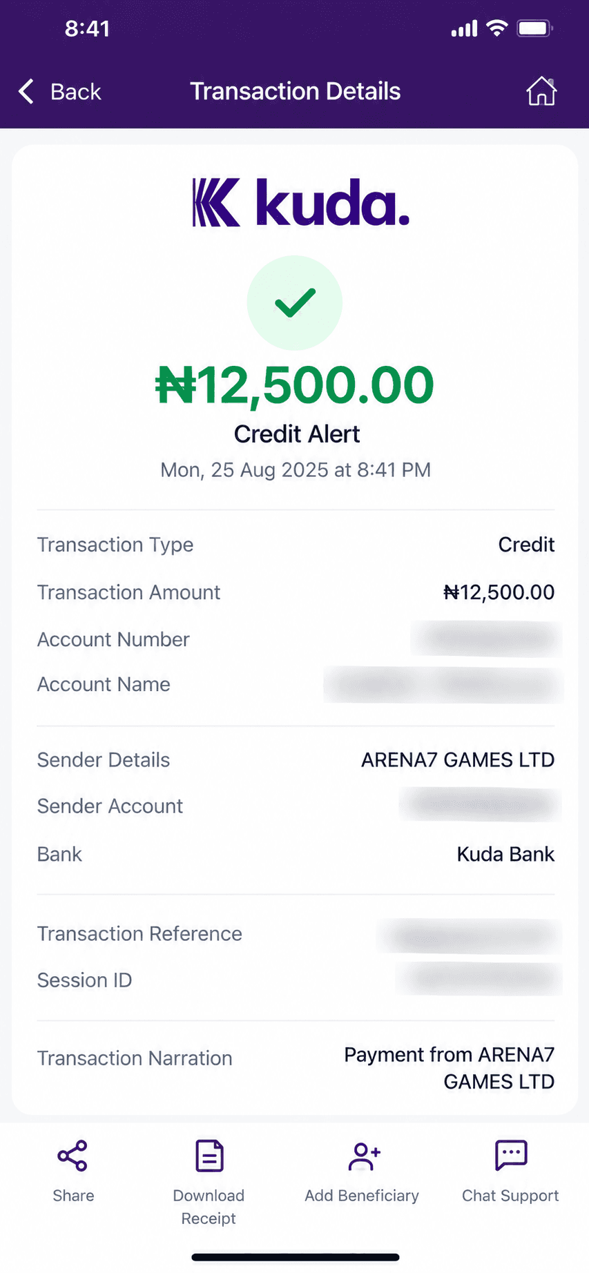 Kuda credit alert for ₦12,500 from Arena7Games on Aug 25, 2025
