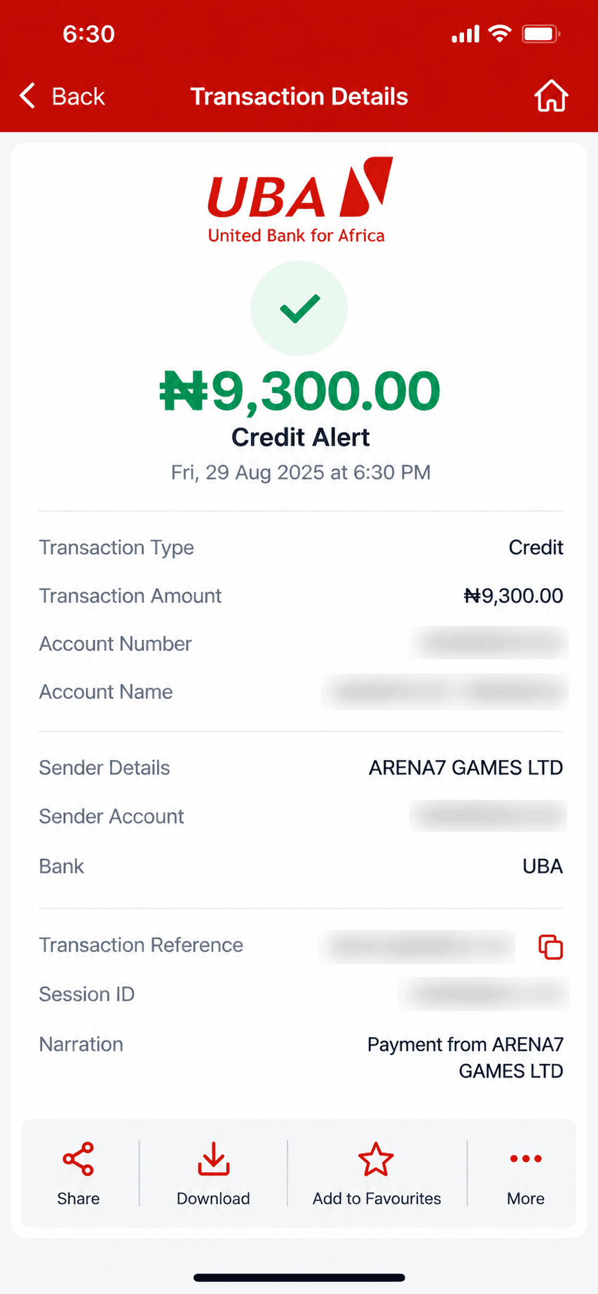 UBA credit alert for ₦9,300 from Arena7Games on Aug 29, 2025